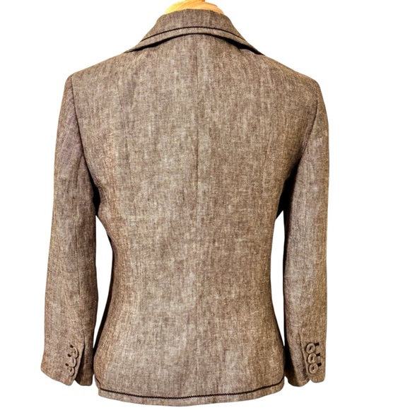 Ann Taylor heavy linen brown blazer with dark brown stitching and patch pockets - Picture 3 of 15